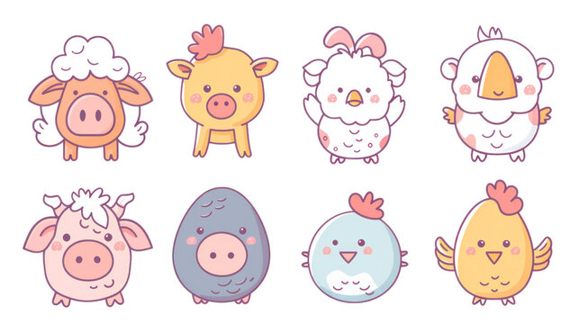 Pig, cow, sheep, hen chicken, egg icon. Cute round face head. isolated on transparent and white background.PNG image