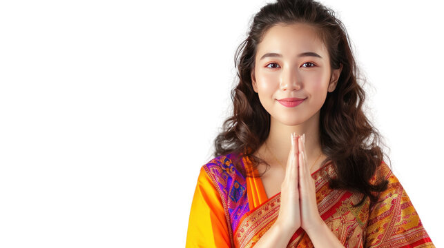 Thai woman paying respects happily isolated on transparent and white background.PNG image