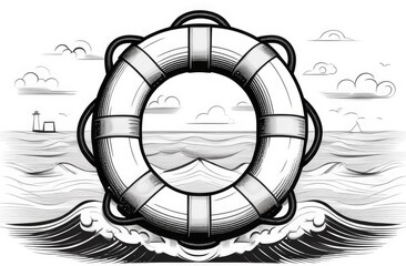Black and white lifebuoy with sea, clouds in background. ocean travel concept, saving drowning man