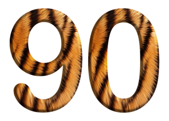 The shape of the number 90 is made of tiger fur or tiger skin isolated on transparent background. suitable for birthday, anniversary and memorial day templates