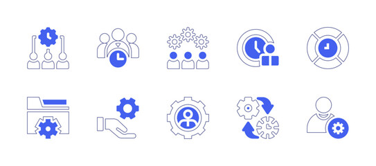 Manager icon set. Duotone style line stroke and bold. Vector illustration. Containing time manager, time management, manage, team management, management service, data management, management, manager.