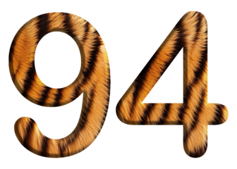 The shape of the number 94 is made of tiger fur or tiger skin isolated on transparent background. suitable for birthday, anniversary and memorial day templates