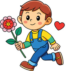 Little boy with a flower for his mother and a heart of love 