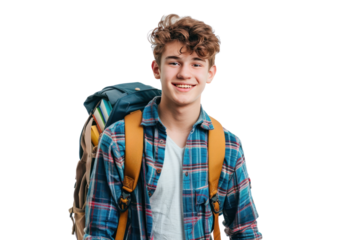 Male student with backpack isolated on white background,Smiling man standing confidently in casual attire, 