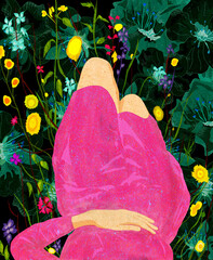 Ilustracja młoda kobieta w różowej sukience leżąca na placach na łące wśród kwiatów ciemne kolorowe tło roślinne. - 739816232