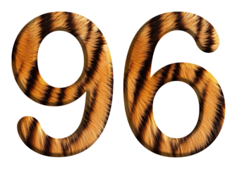 The shape of the number 96 is made of tiger fur or tiger skin isolated on transparent background. suitable for birthday, anniversary and memorial day templates