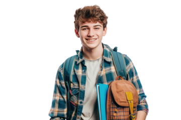 Male student with backpack isolated on white background,Smiling man standing confidently in casual attire, 