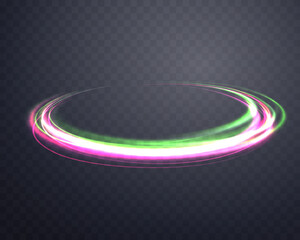 Pink and green magic rings. Neon realistic energy flare halo ring. Abstract light effect on a dark transparent background. Vector illustration.