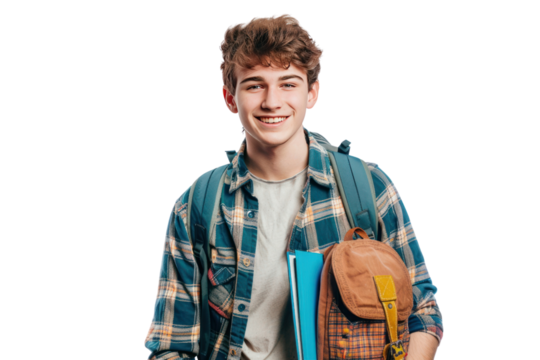 Male student with backpack isolated on white background,Smiling man standing confidently in casual attire, 