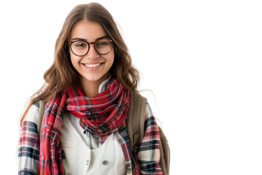 A student girl with a backpack isolated on transparent and white background.PNG image.