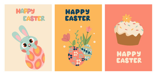 Posters set with cute bunny and chicken, spring flowers and colored eggs. Vector flat illustration. Holiday banner, flyer or greeting voucher, brochure design.