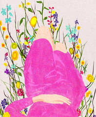 Ilustracja młoda kobieta w różowej sukience leżąca na placach na łące wśród kwiatów jasne kolorowe tło roślinne. - 739816460