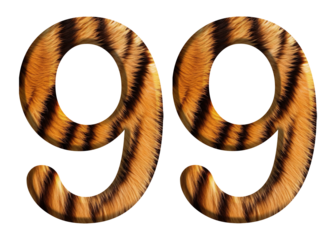 The shape of the number 99 is made of tiger fur or tiger skin isolated on transparent background. suitable for birthday, anniversary and memorial day templates