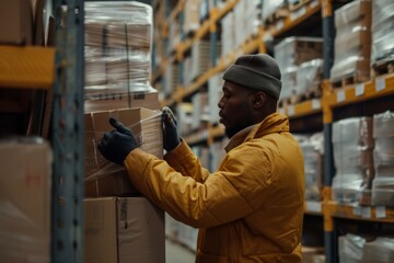 African American male warehouse worker wearing hat and gloves packing packages for transport.