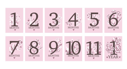 Baby milestone cards. First months cards. Flowers cards.Baby shower invitation. Newborn girl cards, stickers. Vector illustration. Children cards first 12 months. Pink background with flowers ornament