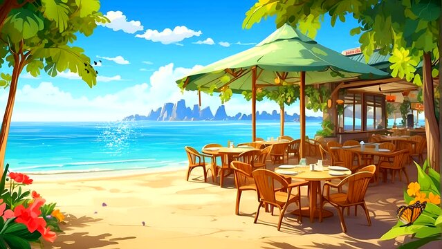 Relaxing atmosphere at a tropical beachfront restaurant with captivating ocean view. Seamless looping 4k time-lapse video animation background