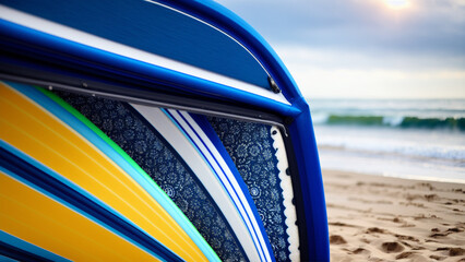 Fototapeta premium Colorful exterior of a caravan on the shore of a beach with waves.
