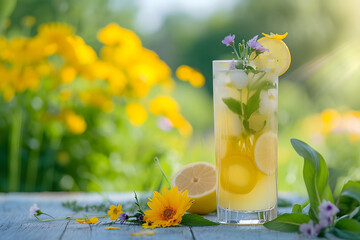 Refreshing summer drinks, lemonade, summer flowers garden background, outdoor photography, 