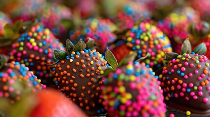 Chocolate-covered strawberries of different colors stacked in rows, a delicious dessert