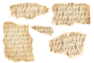 Parchment piece of paper with old music melody, song scrapbook sheet isolated on white background, design element, frame.