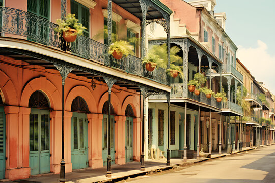 Charming French-Spanish Creole Architecture in French Quarter, New Orleans At Sunset