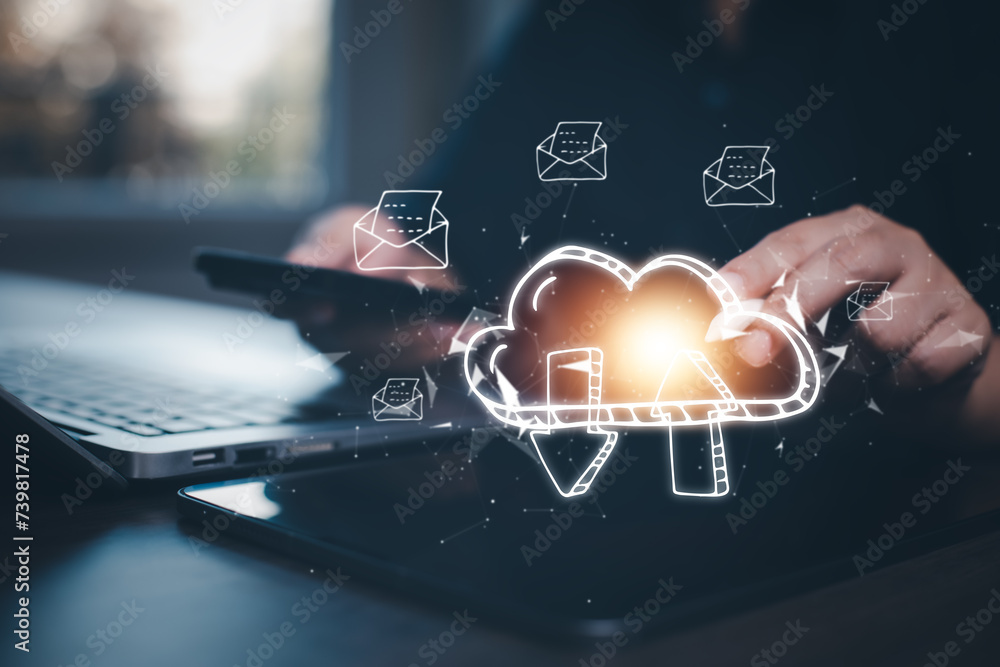 Poster business people using laptop with cloud computing system , storage and data transfer cloud network, 