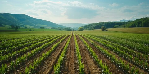 Fototapeta na wymiar rows of young corns in corn field.generative ai