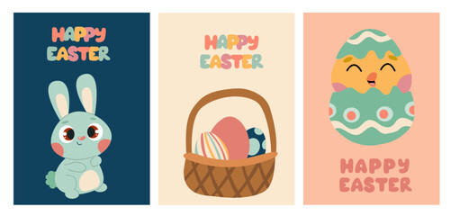 Posters set with cute bunny and chicken, spring flowers and colored eggs. Vector flat illustration. Holiday banner, flyer or greeting voucher, brochure design.