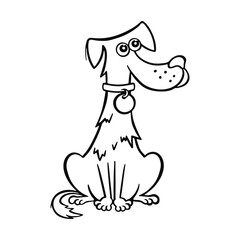 Black and white cartoon illustration of funny dog comic animal character coloring page.
