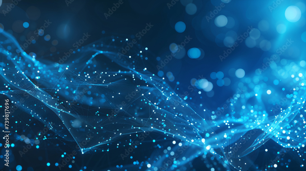 Poster abstract blue background with interweaving of colored dots and lines