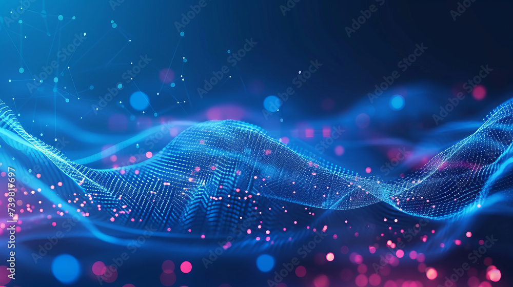 Poster abstract blue background with interweaving of colored dots and lines