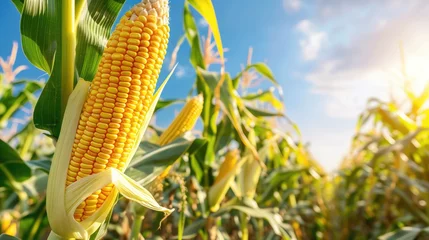 Zelfklevend Fotobehang Corn cobs in corn plantation field.generative ai © ittipol