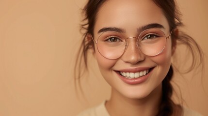Young woman with a radiant smile wearing round glasses with a warm soft-focus background.