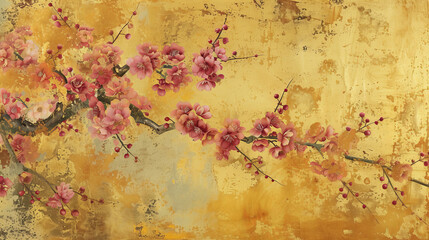 Ancient oriental golden painting of plum blossom, classical Asia ornament in leaf texture