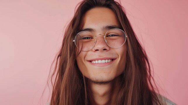 Young man with long brown hair wearing round glasses smiling against a pink background.