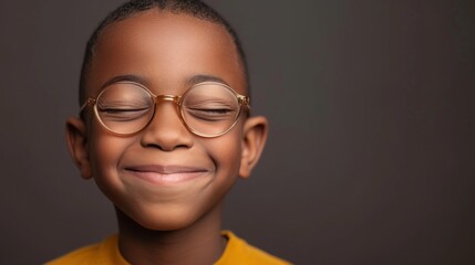 Fototapeta na wymiar Smiling young boy with glasses eyes closed wearing yellow shirt against dark background.