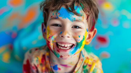Beautiful young boy covered in colorful paint, smiling