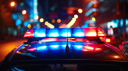 Blue and red light flasher on top of a police car. City lights on the background