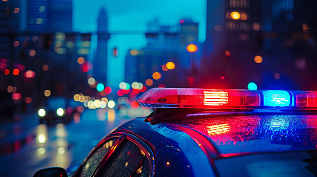 Blue and red light flasher on top of a police car. City lights on the background