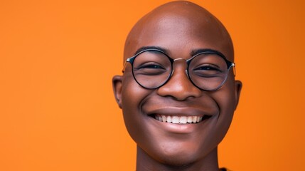 A young man with a bald head wearing glasses smiling against an orange background.
