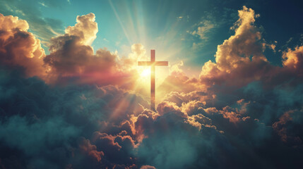 Cross in the clouds and rays of sun, power of faith concept - obrazy, fototapety, plakaty