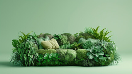 Couch furniture made of living plants on green background