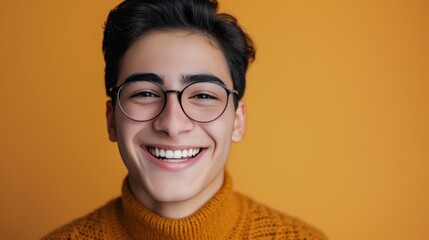 Smiling young man with glasses and orange turtleneck against yellow background.