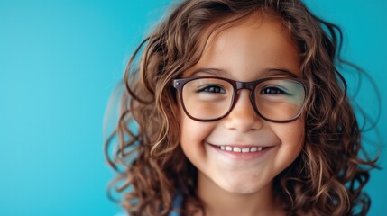 Obraz premium A young girl with curly hair and glasses smiling against a blue background.