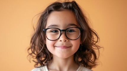Fototapeta premium A young girl with curly hair wearing glasses and smiling.