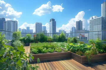 Fototapeta premium Urban rooftop garden in a modern city showcases green spaces among skyscrapers, embodying the concept of sustainable living and local farming on a bright sunny day.