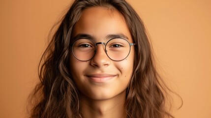 Obraz premium Young person with long hair and glasses smiling at the camera against a warm orange background.