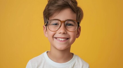 Smiling young boy with glasses against yellow background.