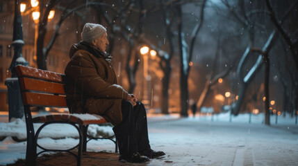 Old elderly man sitting on a park bench alone on cold winter night