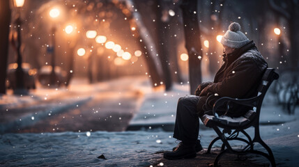 Old elderly man sitting on a park bench alone on cold winter night